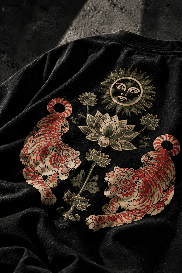 COSMOS STUDIO Tiger & Lotus Oversized T-Shirt for Men | Premium Black Graphic Streetwear Tee