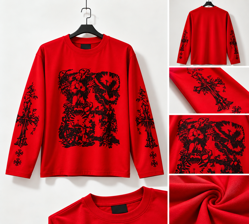 Men's Red Boxy Fit Graphic Printed T-Shirt | Full Sleeve Streetwear Oversized Tee