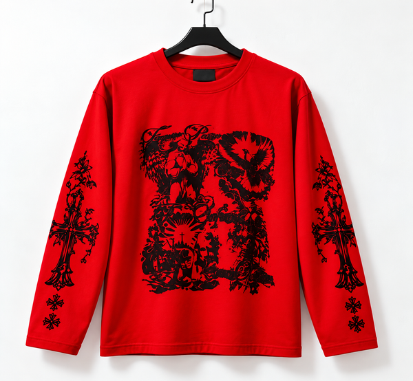 Men's Red Boxy Fit Graphic Printed T-Shirt | Full Sleeve Streetwear Oversized Tee