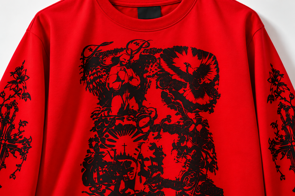 Men's Red Boxy Fit Graphic Printed T-Shirt | Full Sleeve Streetwear Oversized Tee