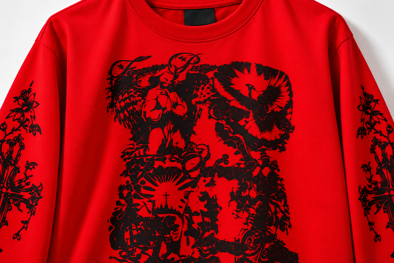 Men's Red Boxy Fit Graphic Printed T-Shirt | Full Sleeve Streetwear Oversized Tee