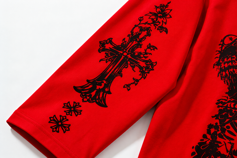 Men's Red Boxy Fit Graphic Printed T-Shirt | Full Sleeve Streetwear Oversized Tee