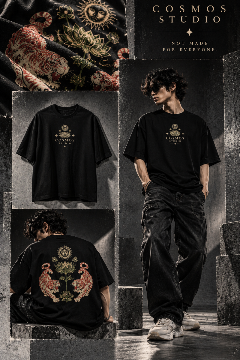 COSMOS STUDIO Tiger & Lotus Oversized T-Shirt for Men | Premium Black Graphic Streetwear Tee