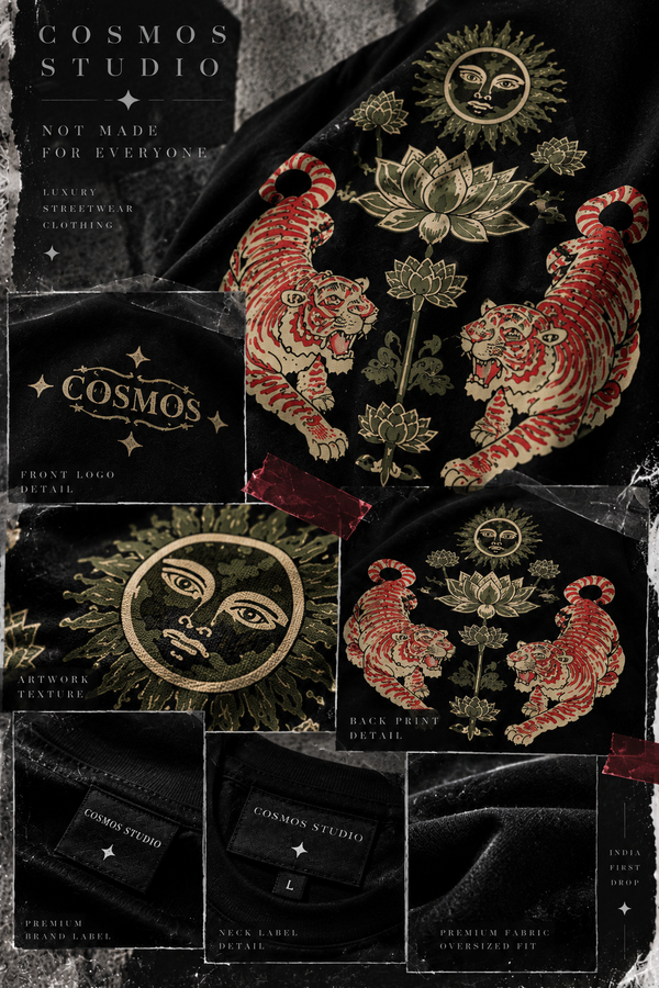 COSMOS STUDIO Tiger & Lotus Oversized T-Shirt for Men | Premium Black Graphic Streetwear Tee