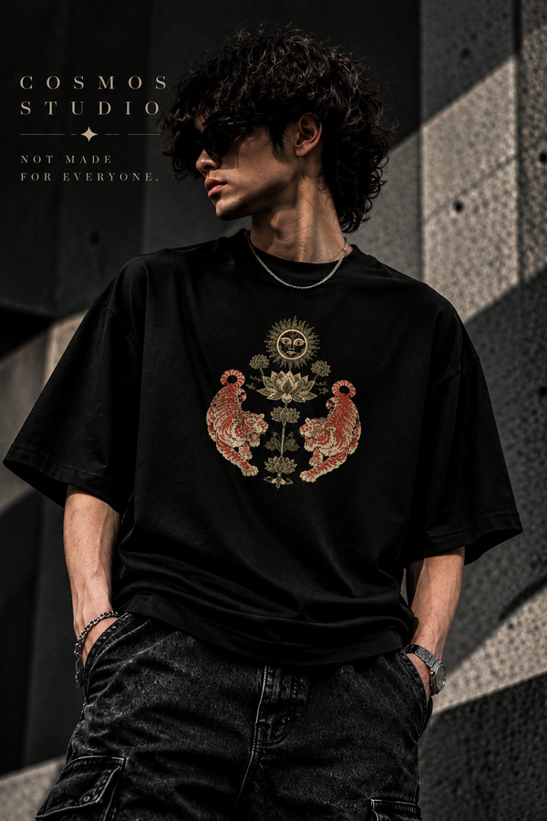 COSMOS STUDIO Tiger & Lotus Oversized T-Shirt for Men | Premium Black Graphic Streetwear Tee