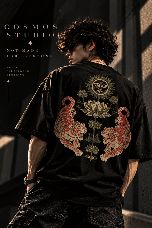 COSMOS STUDIO Tiger & Lotus Oversized T-Shirt for Men | Premium Black Graphic Streetwear Tee